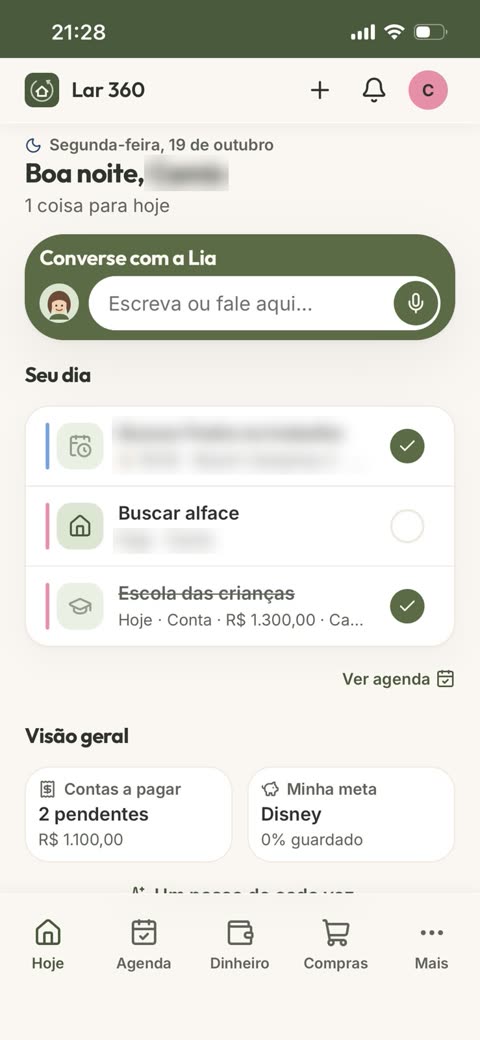Tela inicial de um aplicativo de organização da casa, com agenda do dia, contas a pagar e metas