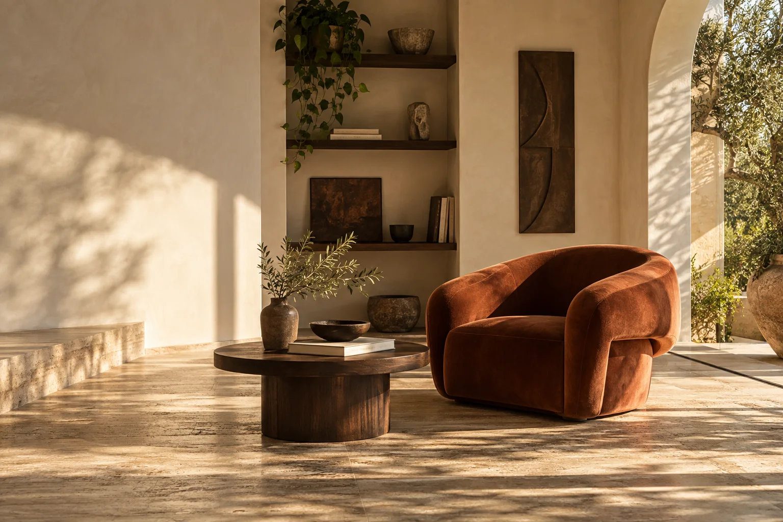 Sala fictícia com poltrona terracota, madeira e luz natural, gerada por IA
