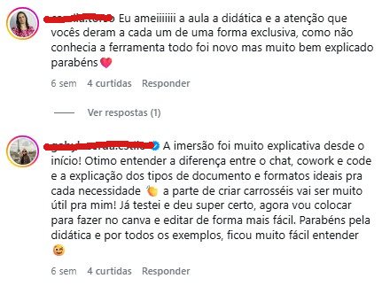 Comentários de alunas: amou a aula e a didática; a imersão foi muito explicativa desde o início