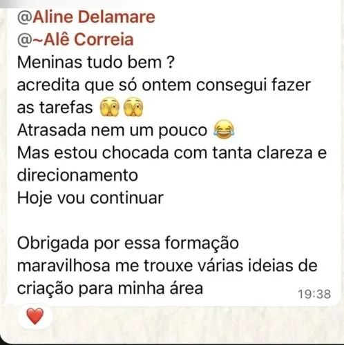 Depoimento agradecendo a formação e as ideias de criação para a área