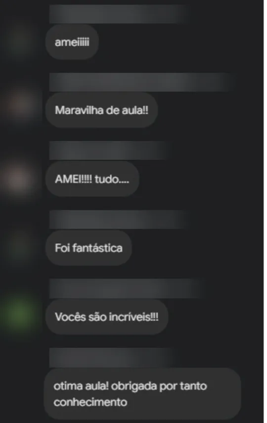 Comentários de alunos no chat ao final de uma aula