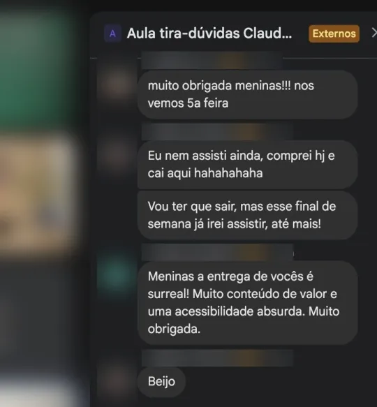 Comentários de alunos no chat da aula de tira-dúvidas